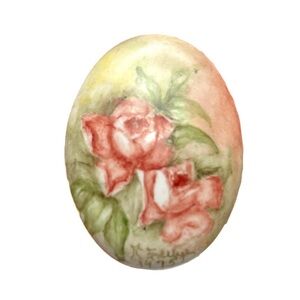Vintage Porcelain Coral Rose Brooch Pin Signed Miniature Watercolor Painting '75